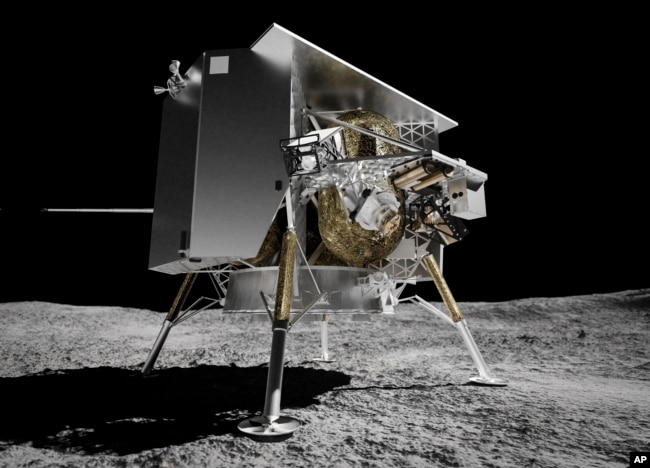 This illustration provided by Astrobotic Technology in 2024 depicts the Peregrine lunar lander on the surface of the moon. Its expected launch date is Monday, Jan. 8, 2024. (Astrobotic Technology via AP)