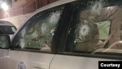 Bullet holes are seen on an armored vehicle carrying World Food Program personnel after it came under repeated Israeli gunfire near a military checkpoint, on Aug 27, 2024. (Photo courtesy of WFP)