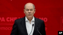 German Chancellor Olaf Scholz delivers his speech at the PES congress after main candidate to the next European elections Nicolas Schmit was elected, in Rome, March 2, 2024. 