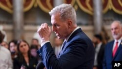 FILE - U.S. House Speaker Kevin McCarthy, R-Calif., talks to reporters just after voting to advance appropriations bills on the House floor, at the Capitol in Washington, Sept. 26, 2023.