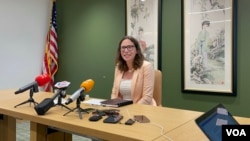 美国在台协会理事主席劳拉·罗森伯格在华盛顿附近总部举行媒体圆桌会。(2023年7月6日，美国之音锺辰芳拍摄）
