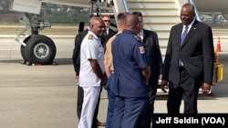 U.S. Defense Secretary Lloyd Austin arrives in Port Moresby, Papua New Guinea, on July 26, 2023, for a series of meetings with the country's prime minister and top defense officials. 