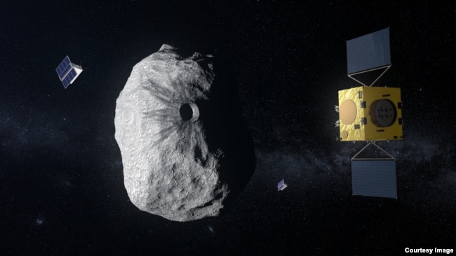 The European Space Agency plans to launch its Hera spacecraft in October on a mission to return to an asteroid system visited by NASA’s DART spacecraft in 2022. (ESA)