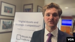 Grant McCarty of the Bitcoin Policy Institute is seen in this screen grab from a VOA interview. (VOA)