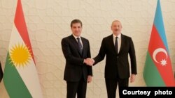 Serokê Herêma Kurdistanê Nêçîrvan Barzanî û Serokê Azerbaycanê Îlham Alîyev, 18 Tîrmeh, 2023 Baku