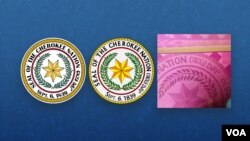 Graphic shows the official Great Seal of the Cherokee Nation (left), the inaccurate version appearing on Wikipedia (center), and a detail from a Wilma Mankiller Barbie package.