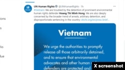 Cao ủy Nhân quyền LHQ bày tỏ sự quan ngại việc nhà hoạt động Hoàng Thị Minh Hồng bị bắt.
