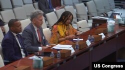 (L) Chris Maroleng, Int'l CEO, Good Governance Africa, (M) Anthony Carrol, adjunct prof., Johns Hopkins University's School of Advanced International Studies, (R) Redi Tlhabi, South African Journalist, appear before the House of Foreign Affairs Subcommittee on Wed. Sept. 27, 2023