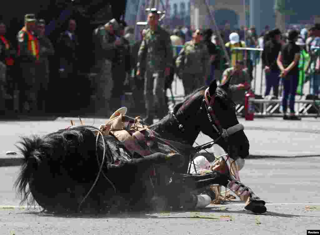 A participant falls with his horse during the parade to mark the 113th anniversary of the Mexican Revolution, at the Zocalo Square in Mexico City, Mexico, Nov. 20, 2023.