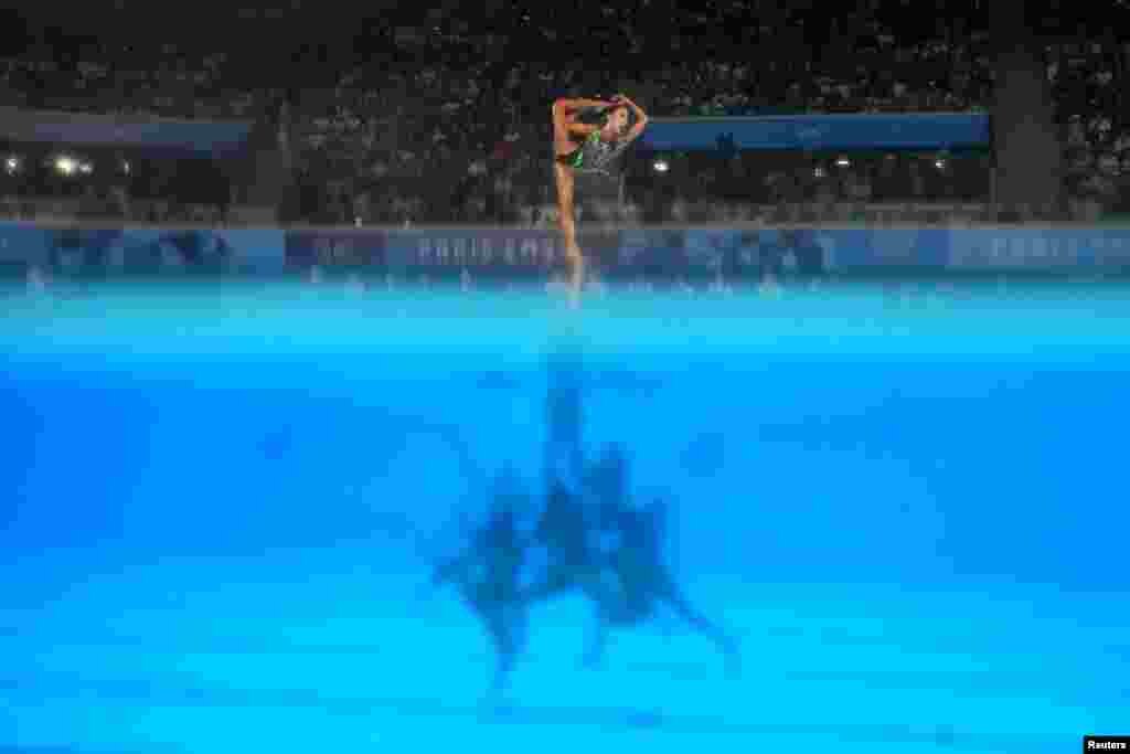 Team United States performs during the acrobatic routing artistic swimming at Aquatics Center during the Paris Olympics in Saint-Denis, France.