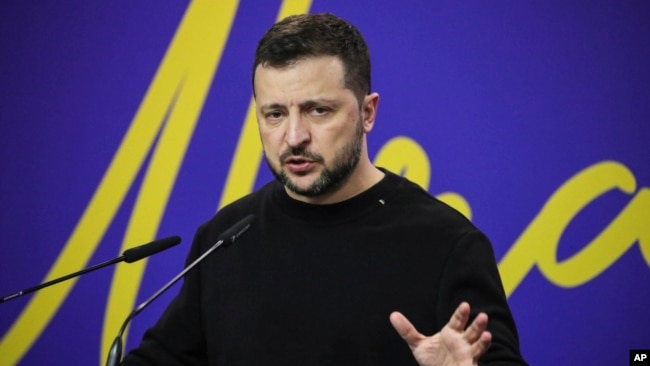 Ukrainian President Volodymyr Zelenskyy speaks at a press conference with Albanian Prime Minister Edi Rama (not pictured) after a summit of Southeastern European countries in Tirana, Albania, Feb. 28, 2024.