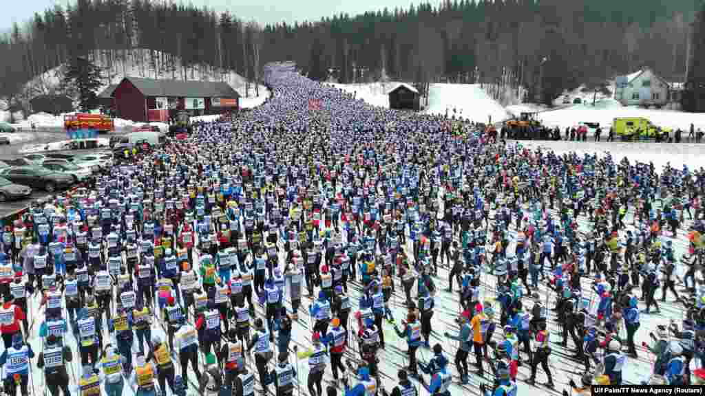 Participants start the cross-country ski race in Salen, Sweden.