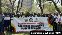 Many Zimbabweans believe sanctions imposed on their leaders by some Western countries are hurting the country's economy. They have been calling for the sanctions' removal with protests such as this one on Oct. 25, 2023 in Harare, Zimbabwe.