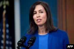 FILE - Chairwoman Jessica Rosenworcel of the US Federal Communications Commission speaks in Washington, Feb. 14, 2022.