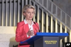 FILE - European Commission President Ursula von der Leyen speaks in Tirana, Albania, Oct. 16, 2023.