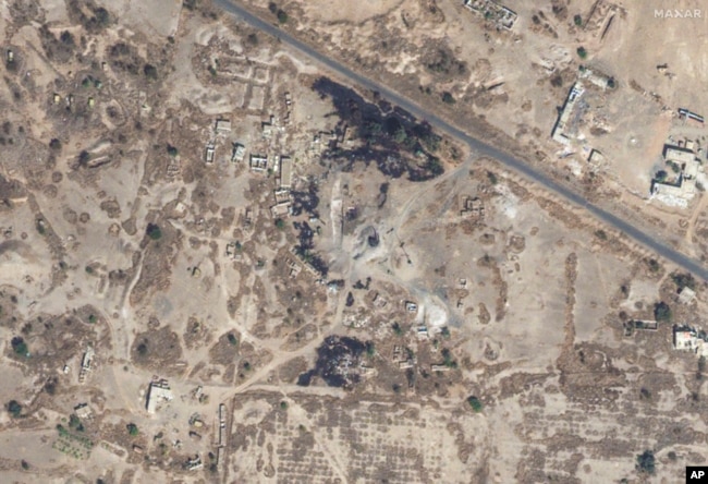 This Jan. 12, 2024, satellite image provided by Maxar Technologies shows damage from airstrikes on a radar site at Sanaa Airport in Yemen.