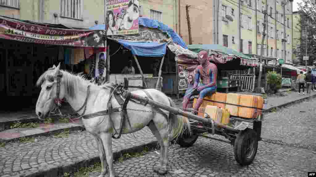 Seorang pria yang mengenakan kostum Spiderman dan dikenal sebagai Ethio-Spiderman (Spiderman dari Ethiopia) duduk di atas kereta kudanya di Addis Ababa, Ethiopia.