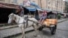 Seorang pria yang mengenakan kostum Spiderman dan dikenal sebagai Ethio-Spiderman (Spiderman dari Ethiopia) duduk di atas kereta kudanya di Addis Ababa, Ethiopia.