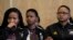 FILE - Refiloe Jane, captain for the South Africa's Women's World Cup, right, sits with teammates as they attend a joint media briefing in Johannesburg, South Africa, Wednesday, July 5, 2023. 