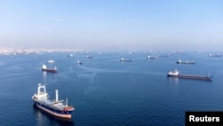 FILE: Commercial vessels, including some that are part of the Black Sea grain deal, wait to pass the Bosphorus strait off the shores of Yenikapi, in Istanbul, Turkey, Oct. 31, 2022.