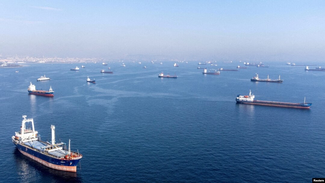 FILE: Commercial vessels, including some that are part of the Black Sea grain deal, wait to pass the Bosphorus strait off the shores of Yenikapi during a misty morning in Istanbul, Turkey, October 31, 2022