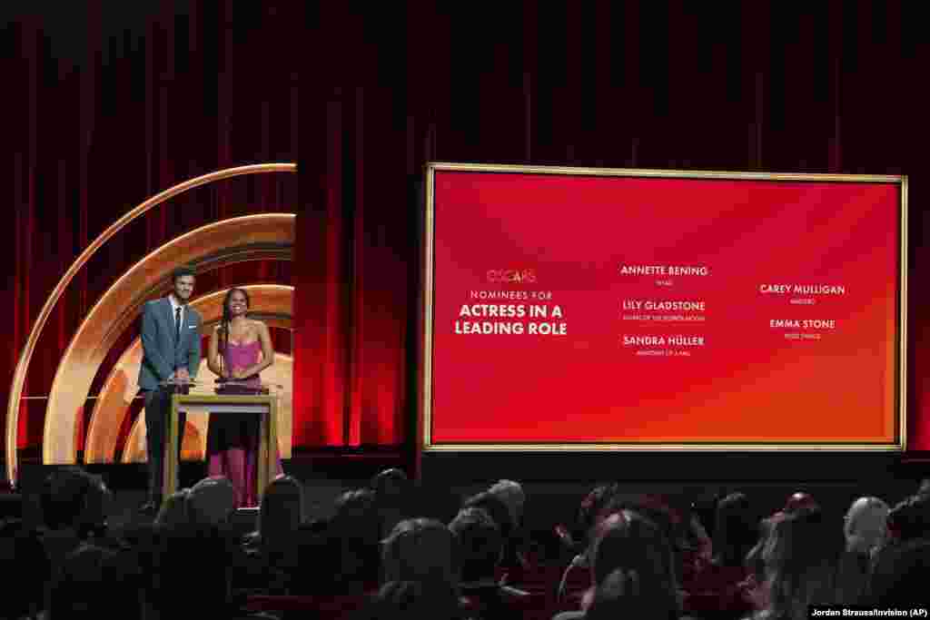 Jack Quaid, left, and Zazie Beetz speak during the 96th Academy Awards nominations announcement at the Samuel Goldwyn Theater in Beverly Hills, California.