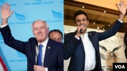 ARCHIVO - Los precandidatos republicanos Asa Hutchinson, exgobernador de Arkansas, y el empresario Vivek Ramaswamy en una composición con imágenes de sendas campañas.