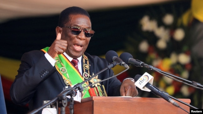 FILE - Zimbabwe President Emmerson Mnangagwa speaks in Harare, Zimbabwe, Sept. 4, 2023. Sanctions were imposed by the United States on various senior leaders in the country on March 4, 2024.