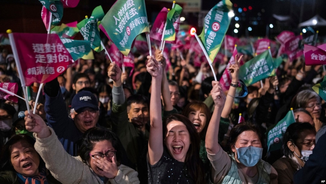 The crowd cheers at a Democratic Progressive Party rally in Taipei, Taiwan, Jan. 13, 2024. 