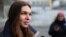 FILE - Tennis player Simona Halep of Romania speaks to the media, after a hearing for a doping case against her, at the Court of Arbitration for Sport (CAS) in Lausanne, Switzerland, Feb. 9, 2024. 