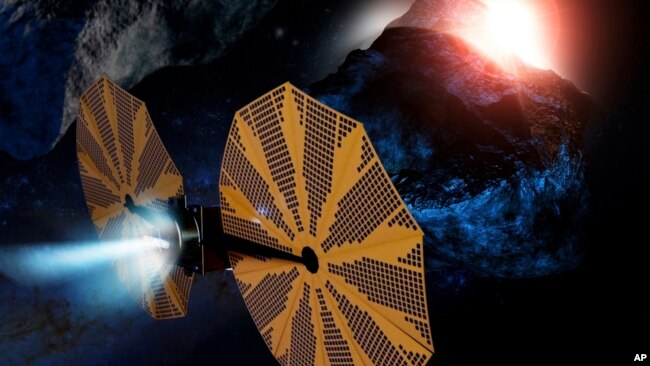 This computer graphic rendering made available by UAE Space Agency, May 29, 2023, shows the MBR Explorer, the spacecraft that will be completing the Emirates Mission to the Asteroid Belt.