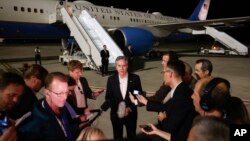 U.S. Secretary of State Antony Blinken speaks to the media, during his week-long trip aimed at calming tensions across the Middle East, at the airport in Al Ula, Saudi Arabia, Jan. 8, 2024.