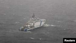 This photo provided by the Finnish Border Guard shows its vessel Turva on patrol on Oct. 11, 2023, near where the damaged Balticconnector gas pipeline was pinpointed in the Gulf of Finland. (Lehtikuva/Finnish Border Guard via Reuters)