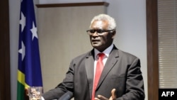 Solomon Islands' Prime Minister Maanasseh Sogavare speaks at a press conference in Honiara on July 17, 2023, after returning home from a seven-day trip to China. 