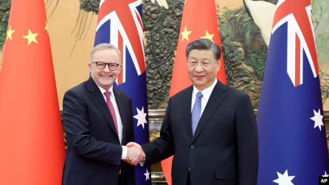 In this photo released by Xinhua News Agency, Australia's Prime Minister Anthony Albanese, left, meets with China's President Xi Jinping at the Great Hall of the People in Beijing, Nov. 6, 2023. (Ding Haitao/Xinhua via AP)