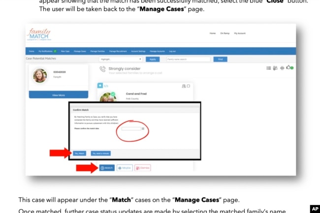 This image shows part of the user guide for Adoption-Share's Family-Match software in Florida, Georgia and Virginia dated April 2023. An Associated Press investigation found that Adoption-Share's tool has produced limited results in the states where it has been used. (AP Photo)