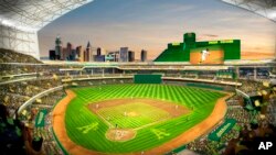 FILE - This rendering from the Oakland Athletics, May 26, 2023, shows a view of their proposed new ballpark at the Tropicana site in Las Vegas.