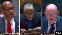 از راست: نمایندگان روسیه، جمهوری اسلامی و ایالات متحده در نشست شورای امنیت - پنجشنبه ۱۵ تیرماه ۱۴۰۲