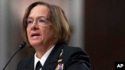 FILE - Navy Adm. Lisa Franchetti speaks during a Senate Armed Services Committee hearing on her nomination for reappointment to the grade of admiral and to be chief of naval operations, Sept. 14, 2023, on Capitol Hill in Washington. 