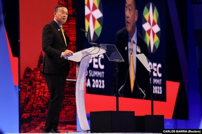 Srettha Thavisin, Prime Minister of Thailand, speaks at the Asia-Pacific Economic Cooperation (APEC) CEO Summit in San Francisco, California, U.S., November 15, 2023. (REUTERS/Carlos Barria)