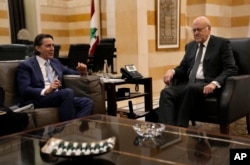 Amos Hochstein, left, senior adviser to U.S. President Joe Biden, gestures as he meets with Lebanese caretaker Prime Minister Najib Mikati, in Beirut, Lebanon, Jan. 11, 2024.
