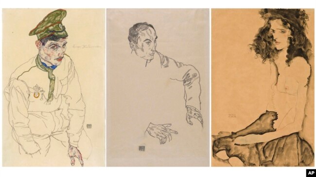 FILE _ This combo of images provided by the Manhattan District Attorney's Office, shows three artworks by Austrian expressionist Egon Schiele, from left, 'Russian War Prisoner,' 'Portrait of a Man,' and 'Girl With Black Hair.'