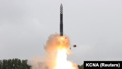 In this image released by North Korea's Korean Central News Agency on July 13, 2023, the Hwasong-18 intercontinental ballistic missile is launched from an undisclosed location in North Korea. (KCNA via Reuters)