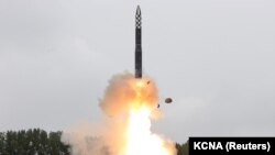 In this image released by North Korea's Korean Central News Agency on July 13, 2023, the Hwasong-18 intercontinental ballistic missile is launched from an undisclosed location in North Korea. (KCNA via Reuters)