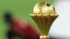 The AFCON trophy on display ahead of the 2021 final football match between Senegal and Egypt at Stade d'Olembe, Yaounde, Feb. 6, 2022.