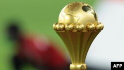 The AFCON trophy on display ahead of the 2021 final football match between Senegal and Egypt at Stade d'Olembe, Yaounde, Feb. 6, 2022.