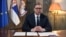 Serbian President Aleksandar Vucic is seen after signing a decree to dissolve the parliament and schedule an early election in Belgrade, Nov. 1, 2023. 
