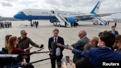 U.S. Secretary of State Antony Blinken speaks to the media about his meetings with Turkish counterparts, before departing from Ankara Esenboga Airport in Ankara, Nov. 6, 2023.