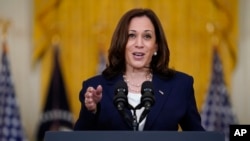 Vice President Kamala Harris speaks about the bipartisan infrastructure bill from the East Room of the White House, Tuesday, Aug. 10, 2021, in Washington. With a robust vote after weeks of fits and starts, the Senate approved a $1 trillion bipartisan infr