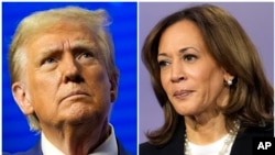 This combination of images shows Republican presidential nominee former President Donald Trump and Democratic presidential nominee Vice President Kamala Harris at separate campaign events, Oct. 23, 2024, in Duluth, Ga., and Aston, Pa., respectively.